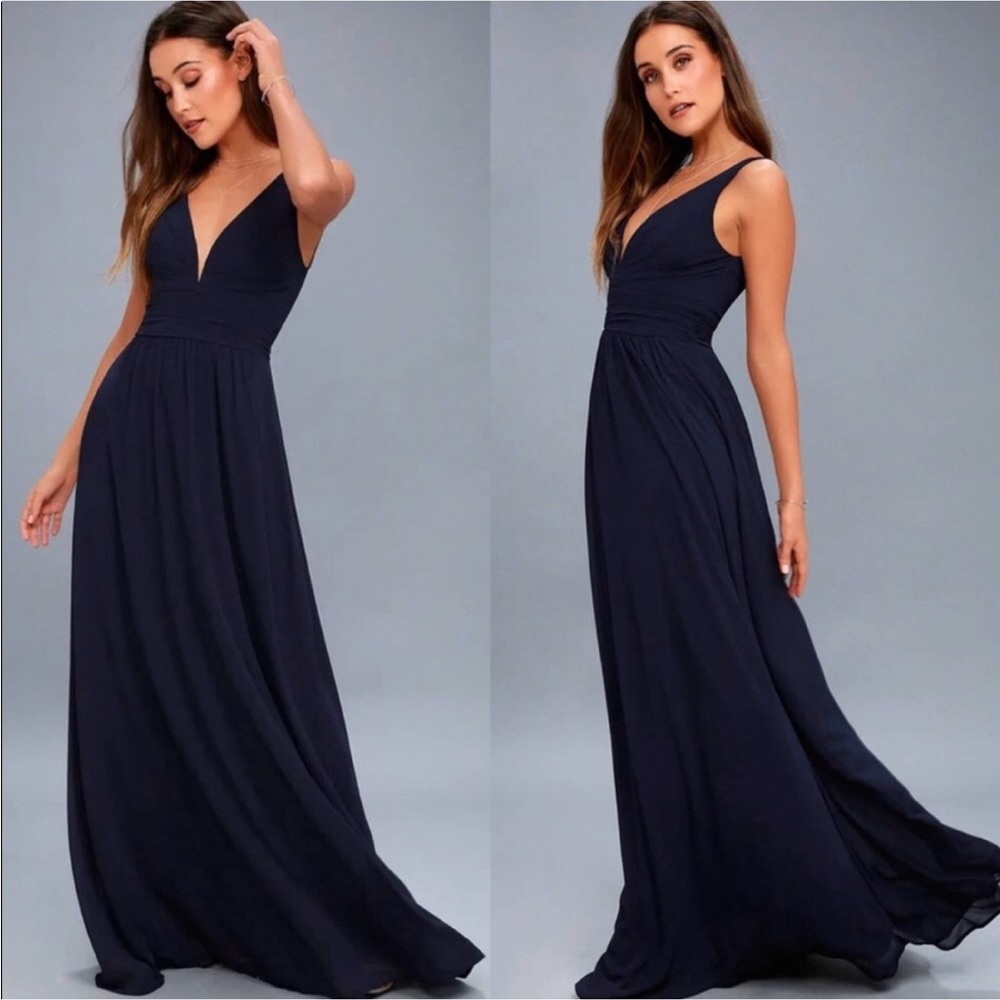 Navy blue gown maxi dress size M lulus V neck chiffon party dress